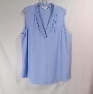 Calvin Klein Blue Matte Jersey V-Neck Shoulder Pleat Sleeveless Top Size XL